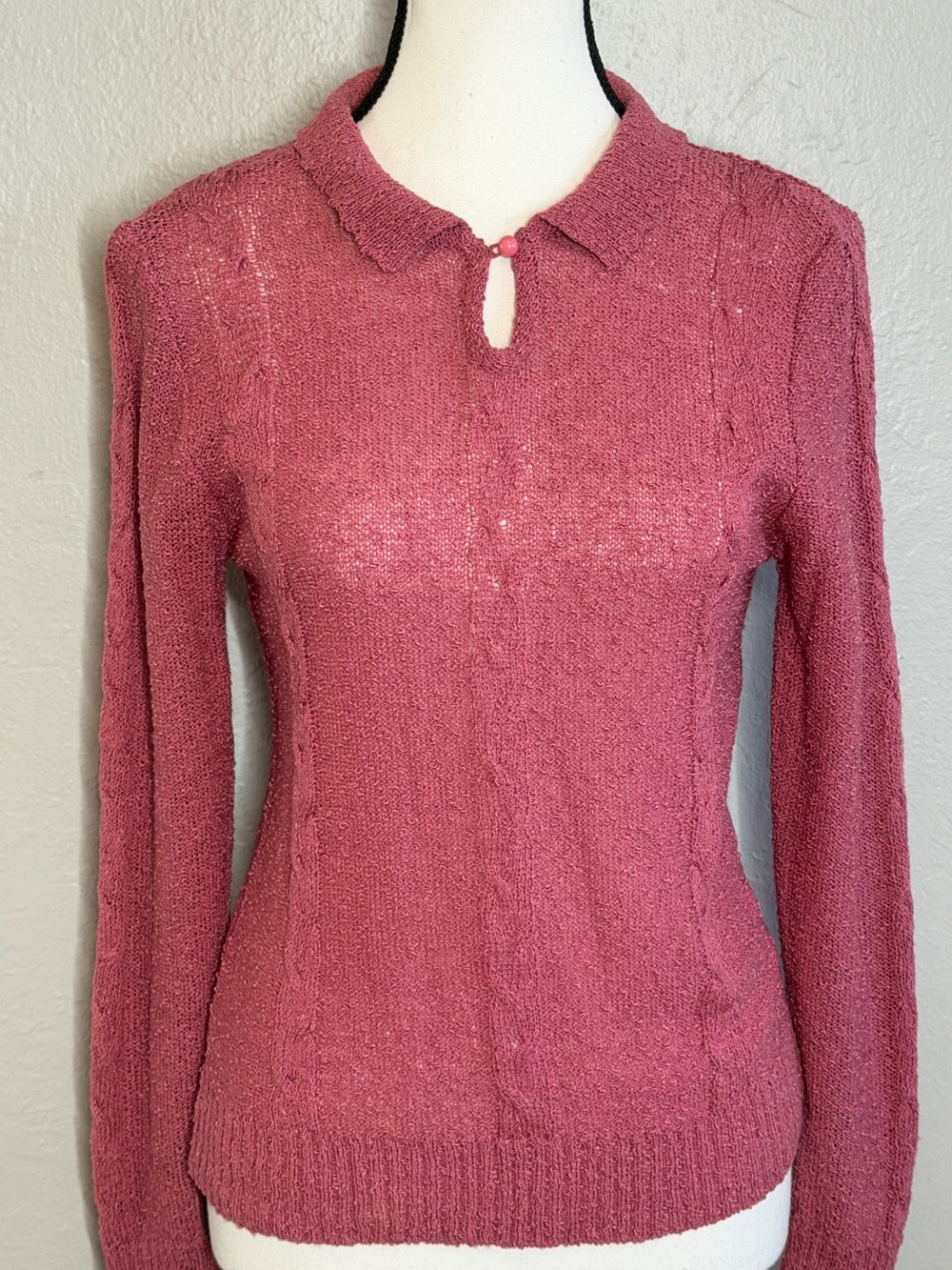 Vtg 70s Pink Open Knit Polo Sweater Collared Keyhole Top XS S
